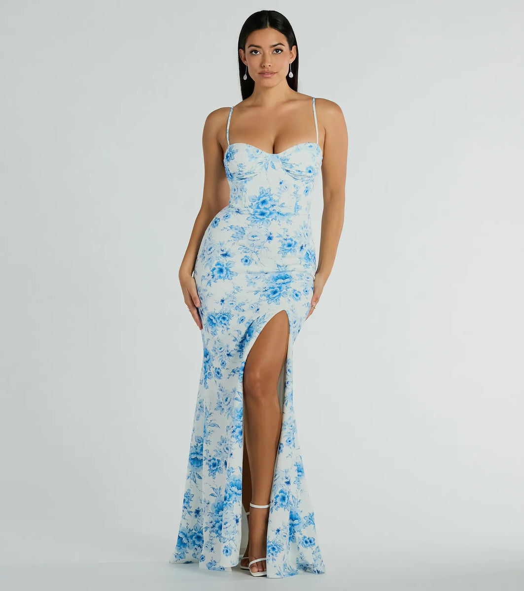 Elia High Slit Floral Crepe Mermaid Dress