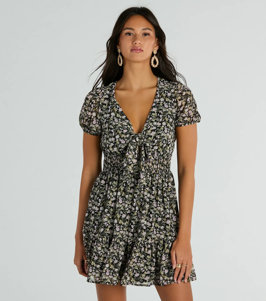 Favorite Fleur V-Neck Floral Chiffon Skater Dress | Windsor