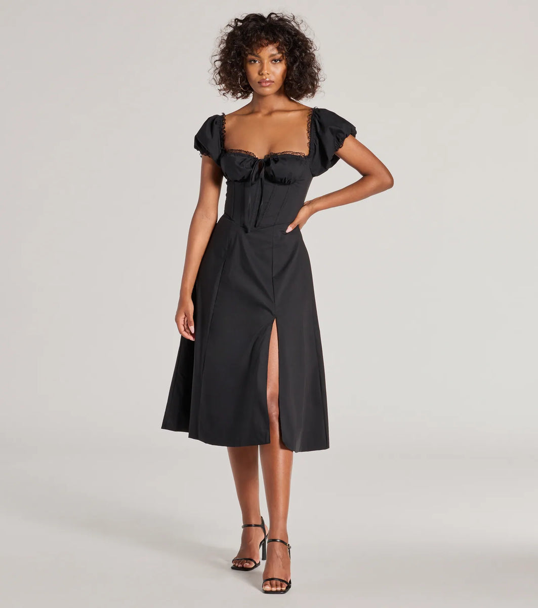 Flawless Puff Sleeve Corset Midi Dress Windsor