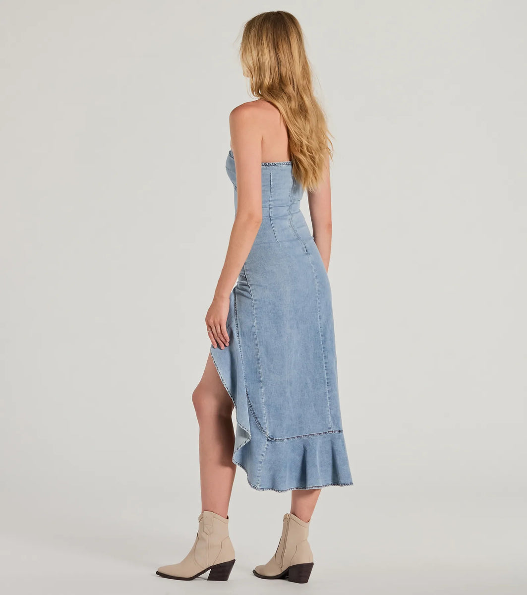 Admiring Style Strapless Ruffle High Low Denim Dress | Windsor