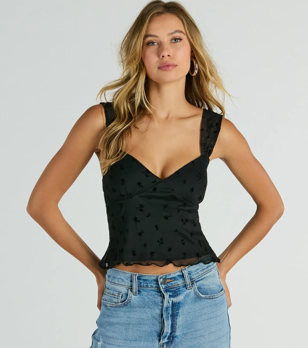 Windsor Gorgeous Vibes Ditsy Floral Mesh Tank Top in Black | Size: Medium | Mesh Fabric/Mesh Fabric