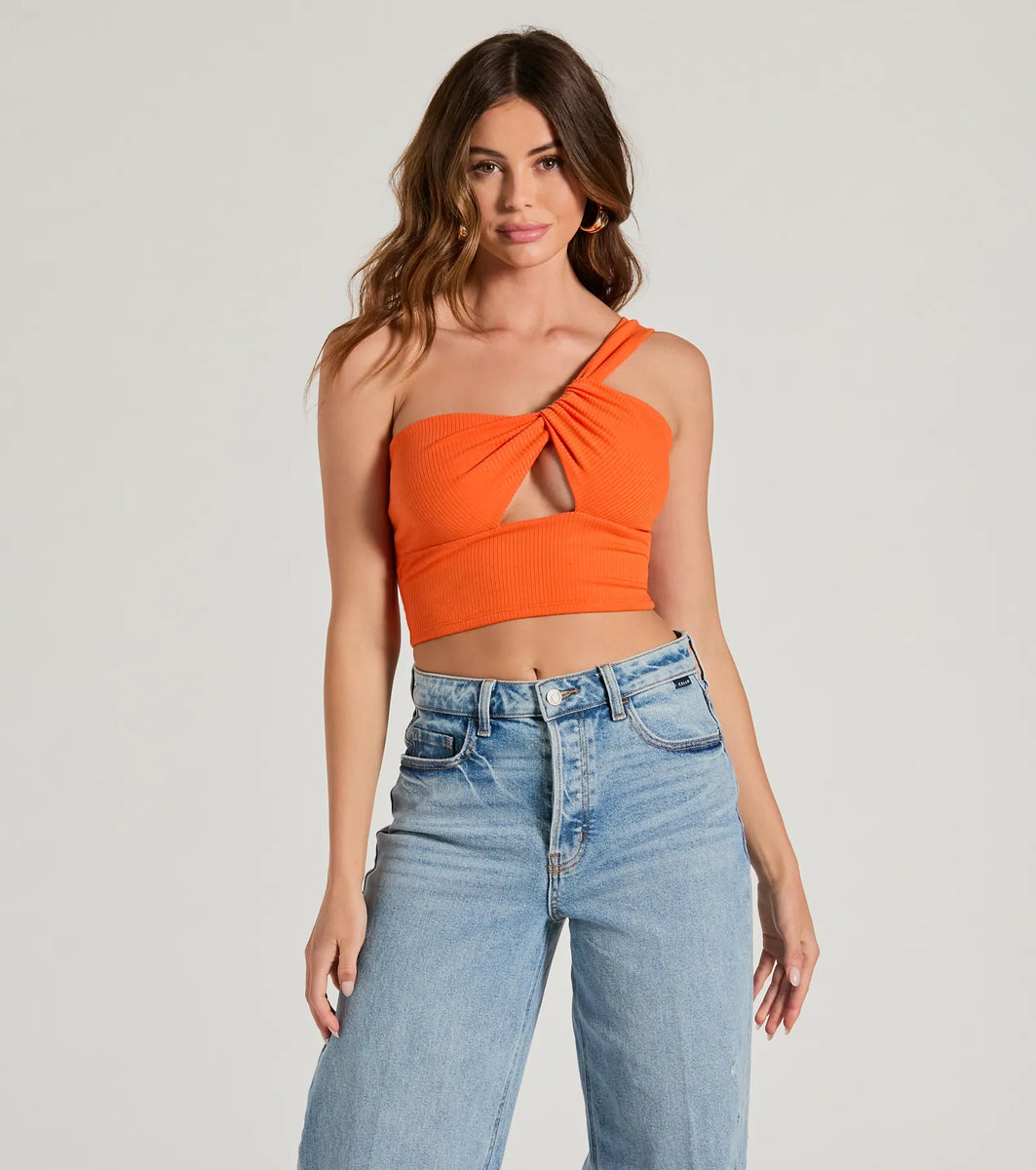 Here To Slay One-Shoulder Cutout Knit Crop Top | Windsor
