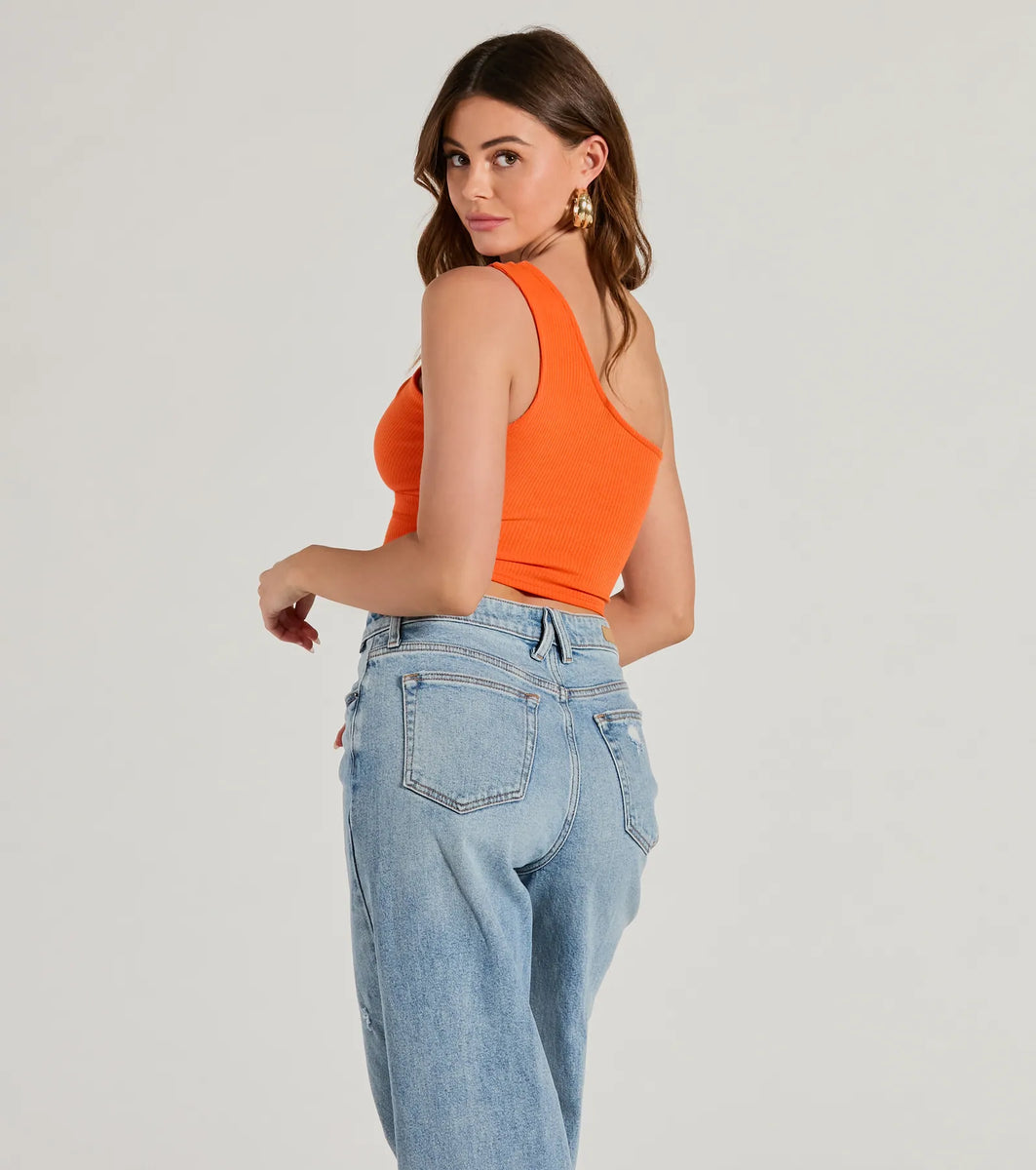 Here To Slay One-Shoulder Cutout Knit Crop Top