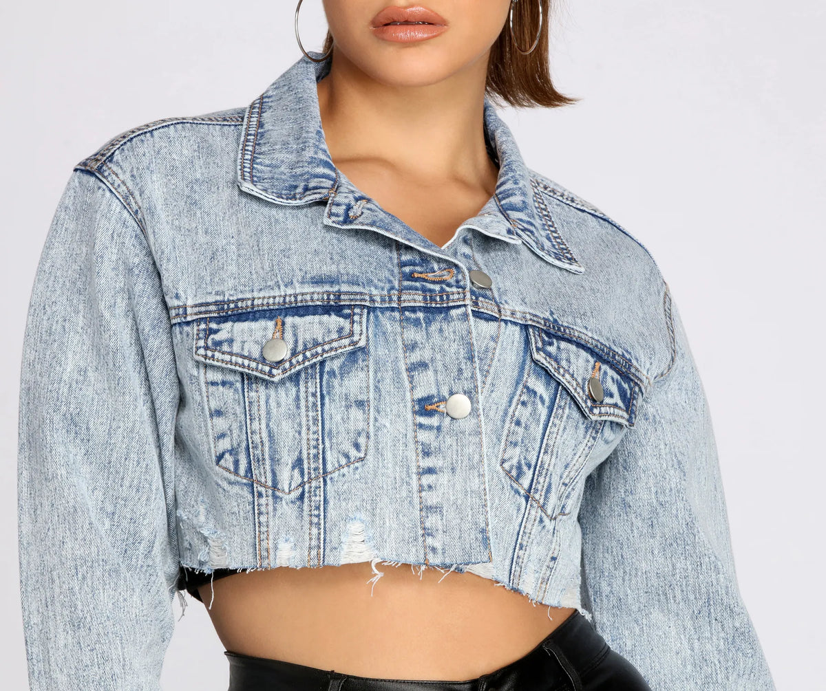 Frayed So Acid Wash Cropped Denim Jacket Windsor