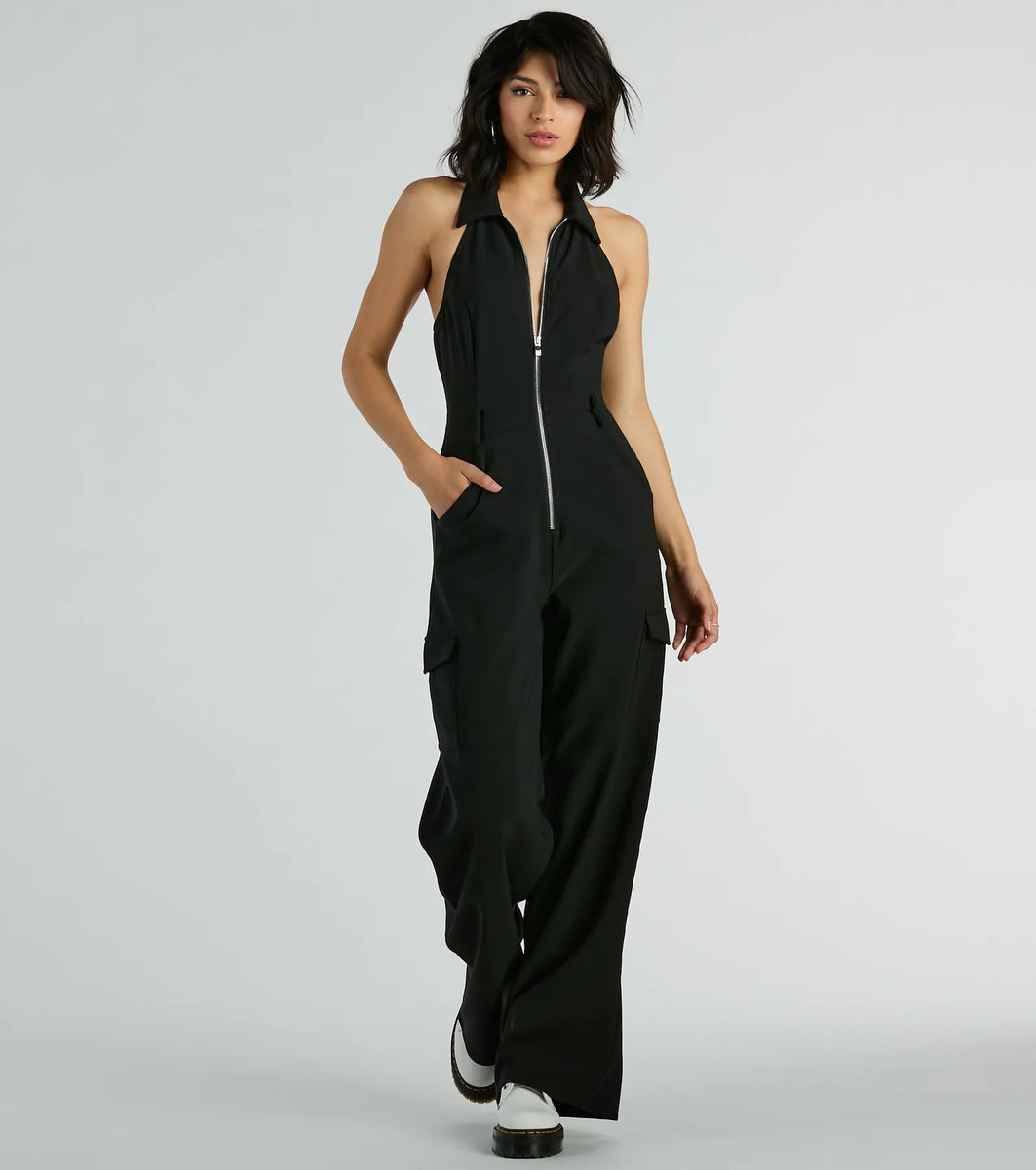 Trendsetting Babe Collared Zip-Front Cargo Jumpsuit