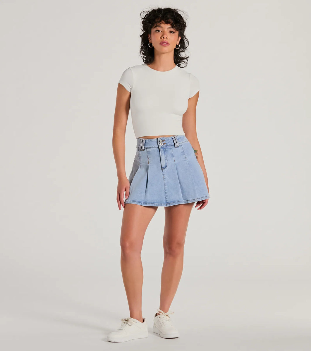 Exceptional Darling High-Rise Pleat Denim Mini Skirt