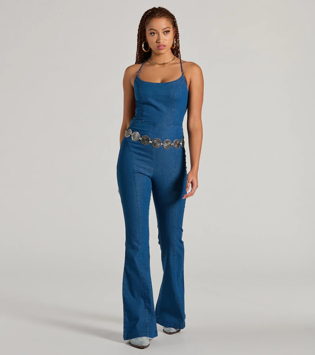 Casual And Cool Lace-Up Flare Denim Jumpsuit | Windsor