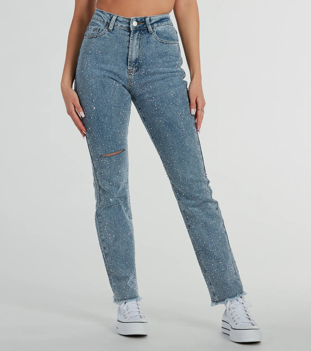 Glam Girlie Rhinestone High Waist Straight-Leg Jeans | Windsor