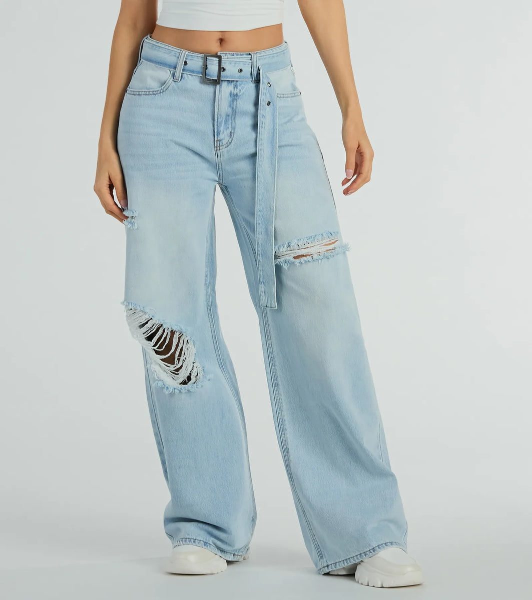 Cool Vibes High-Rise Belted Destructed Wide-Leg Jeans