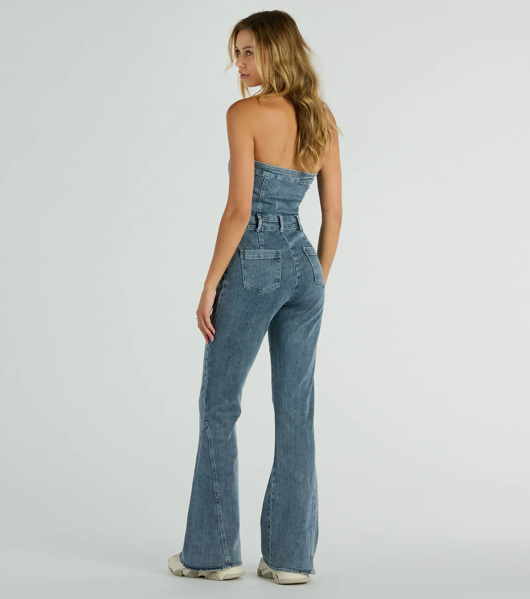 Flirty Retro Strapless Flare Denim Jumpsuit