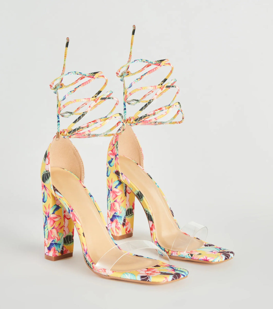 Bold Strut Floral Lace Up Block Heels Windsor