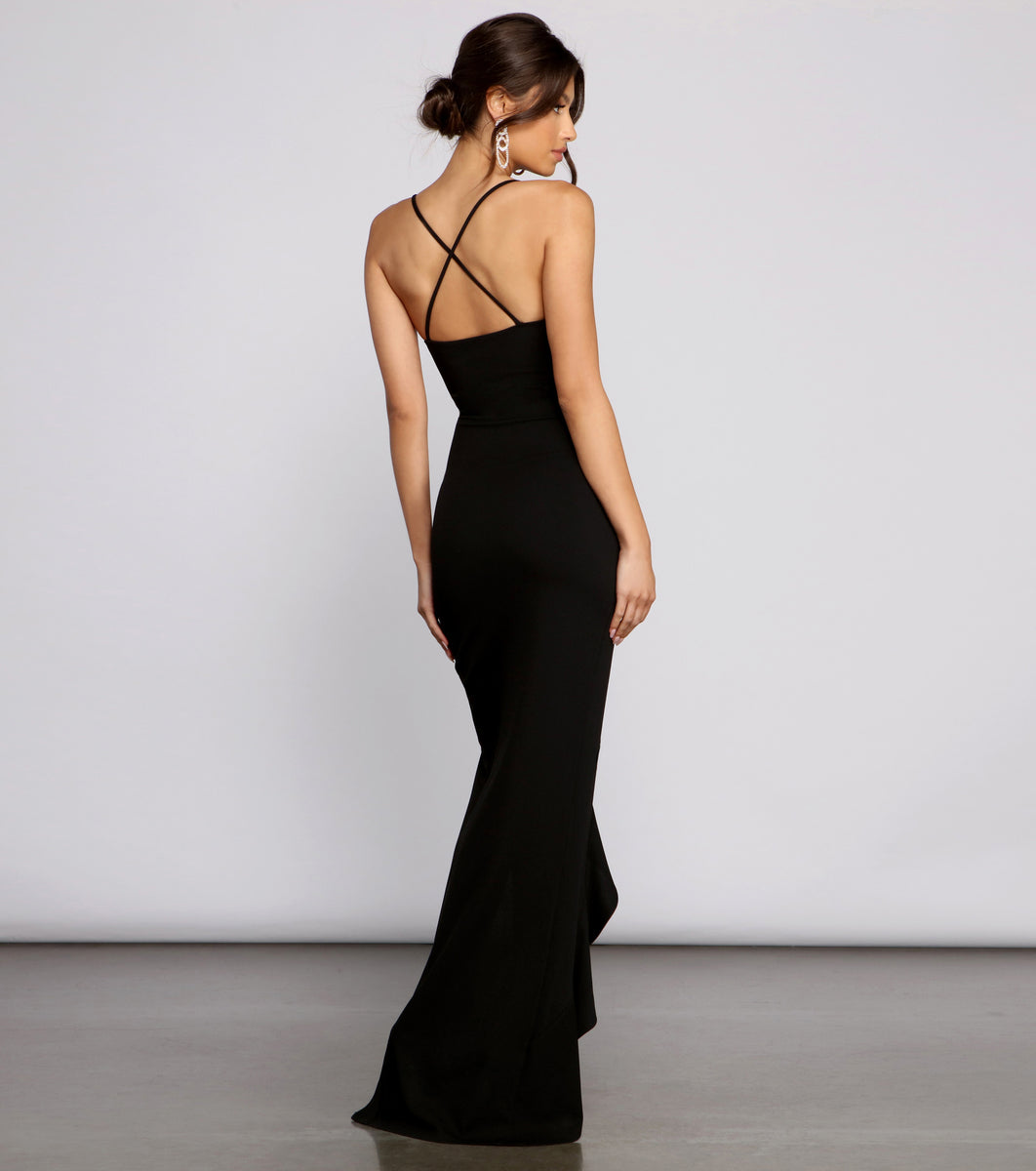 T242001_Elegant Modern Stretch Crepe Fit & Flare Strapless Gown with  Asymmetrical Drapping and 75 inch Tiffany Train