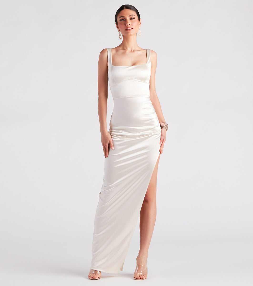 Lia Ruched Satin High Slit Formal Dress