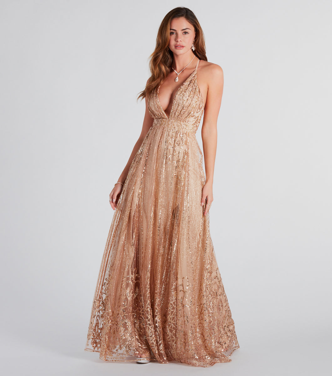 Sequined Gold Flowy Tulle Aline Long Formal Dress with Illusion Neckline -  $123.9768 #MX16038 