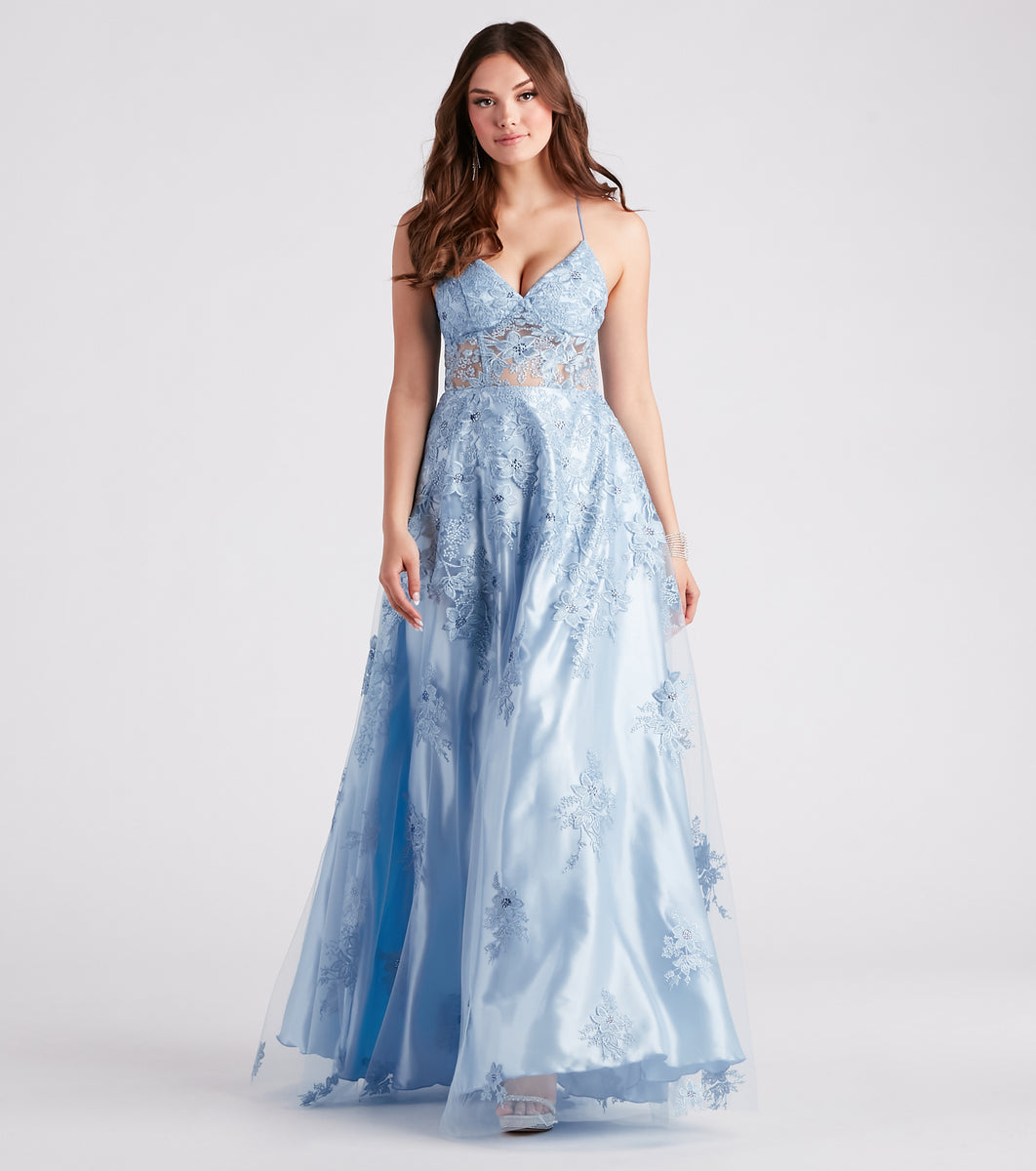 Blue Corset Tulle Prom Dress, Prom Ball Gown, Formal Midi Bustier Dress,  Midi Bridesmaid Dress, Embroidered Floral Reception Evening Gown -   Canada