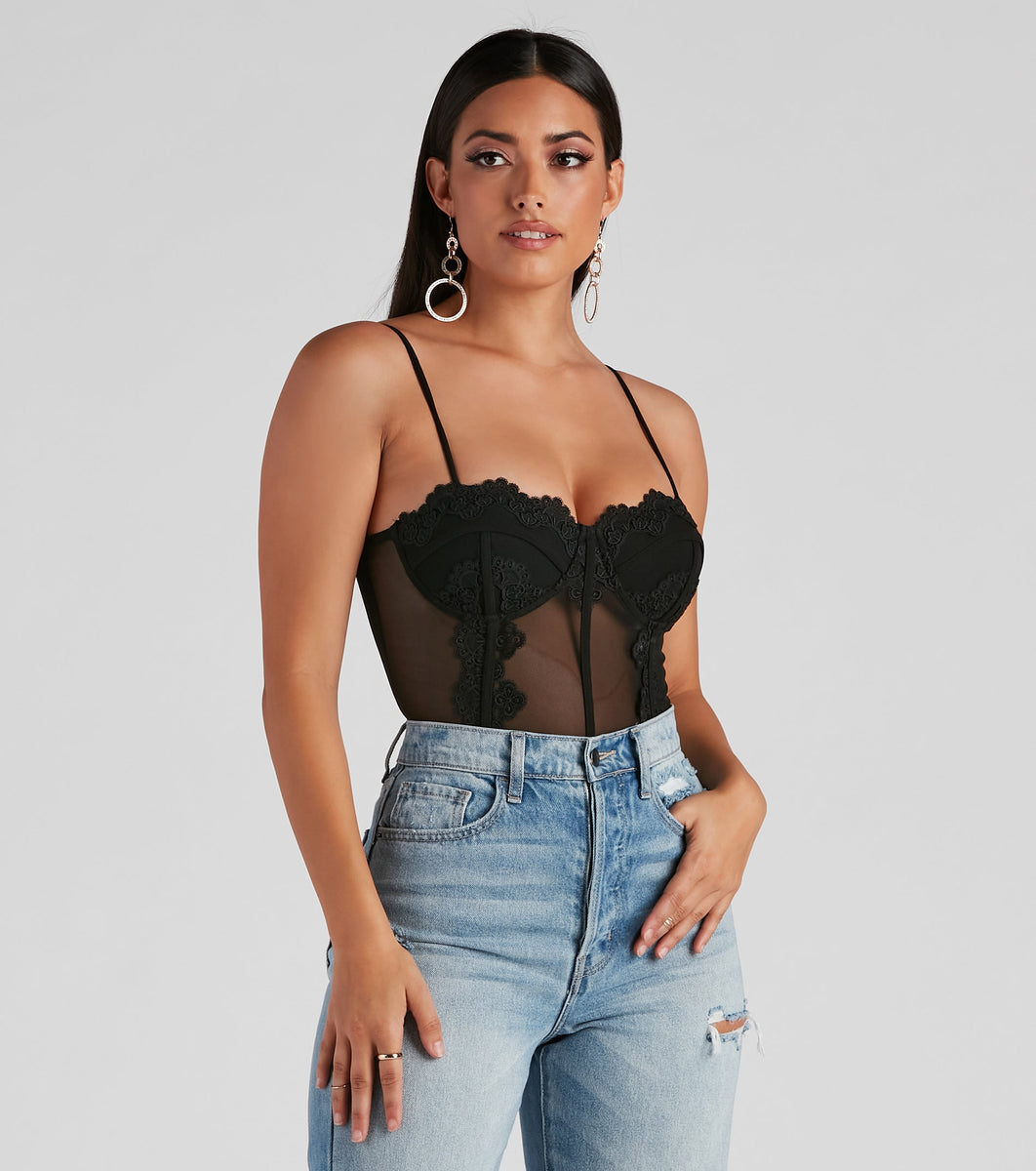 Womens Sexy Bodysuit Tops Contrast Mesh Bustier Cami Lace Black Bodysuit  Without Brief Casual Jumpsuit for Party : : Clothing, Shoes &  Accessories