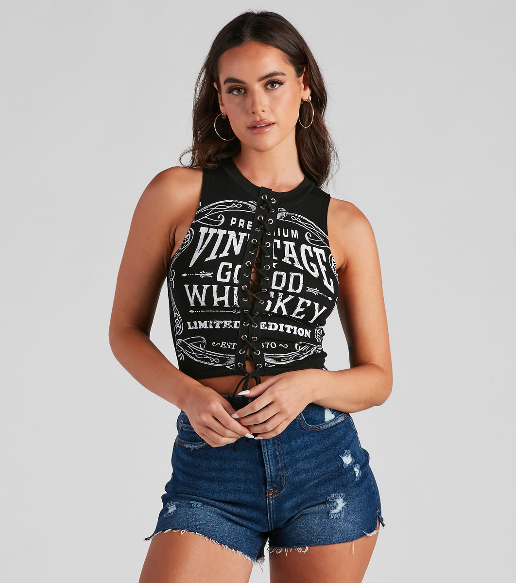 Whiskey Girl Lace-Up Graphic Top