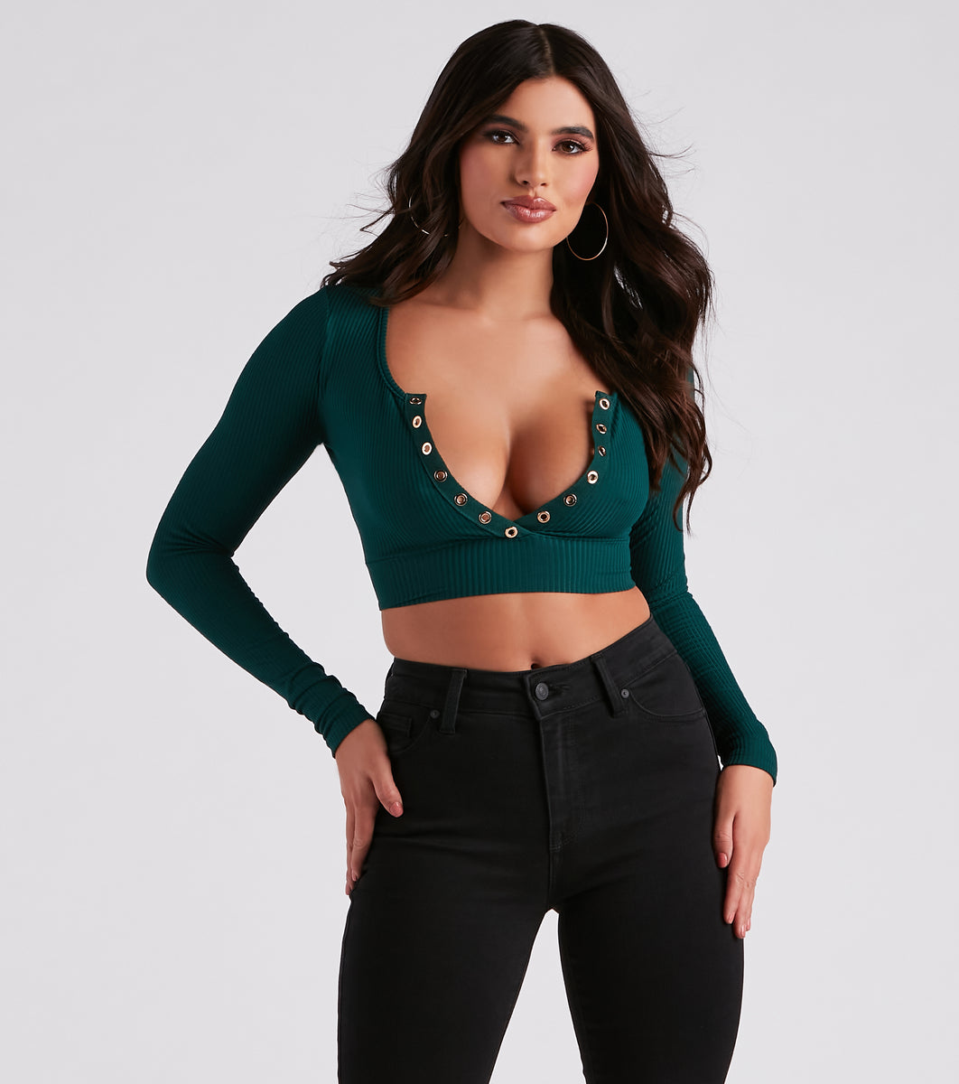 Color Story Sexy Casual Cleavage Ribbed Henley Rhinestone