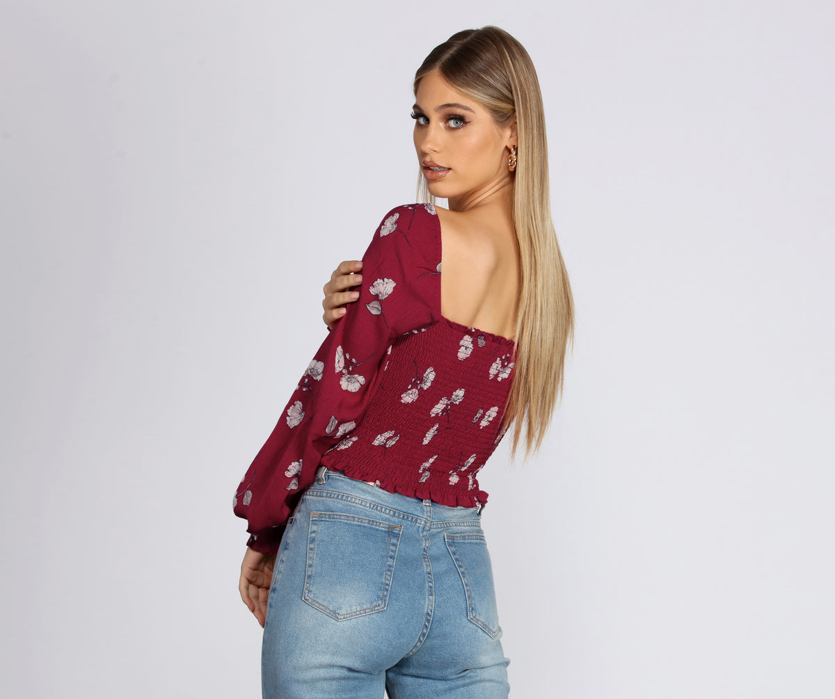 Floral Mesh Sweetheart Neck Blouse