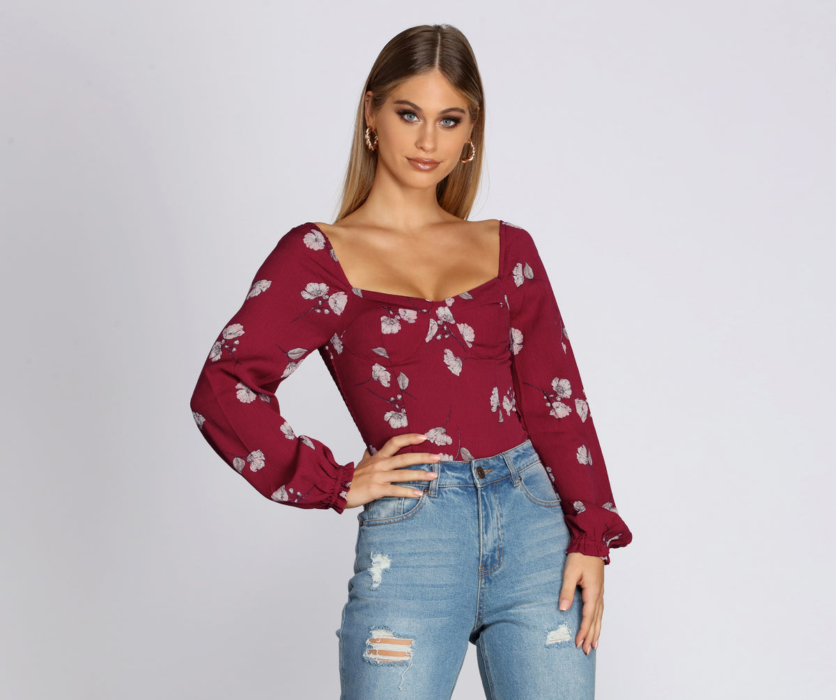 Floral Mesh Sweetheart Neck Blouse