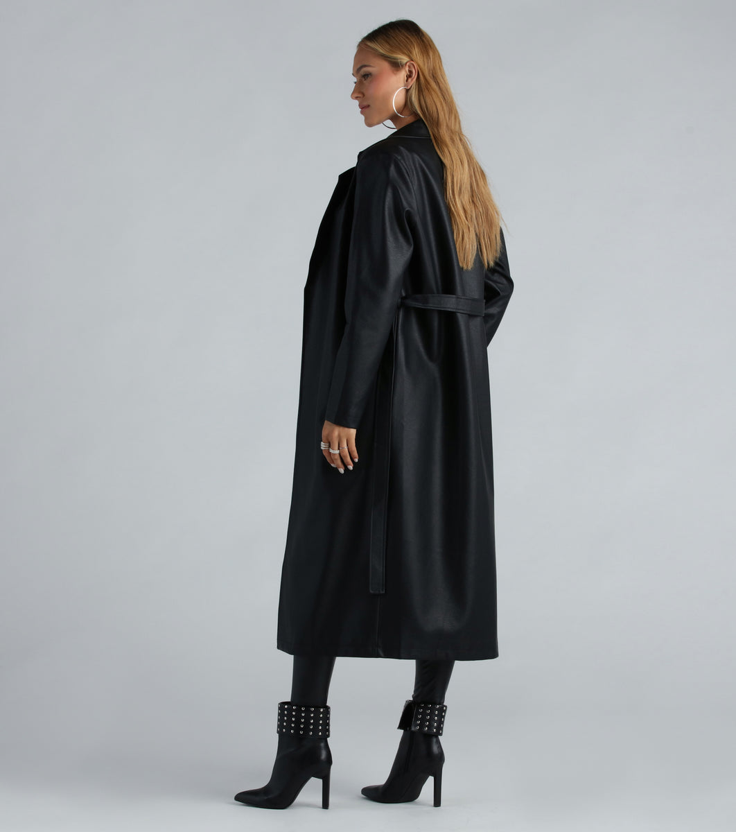 Belted Faux Leather Trench Coat - SecilStore