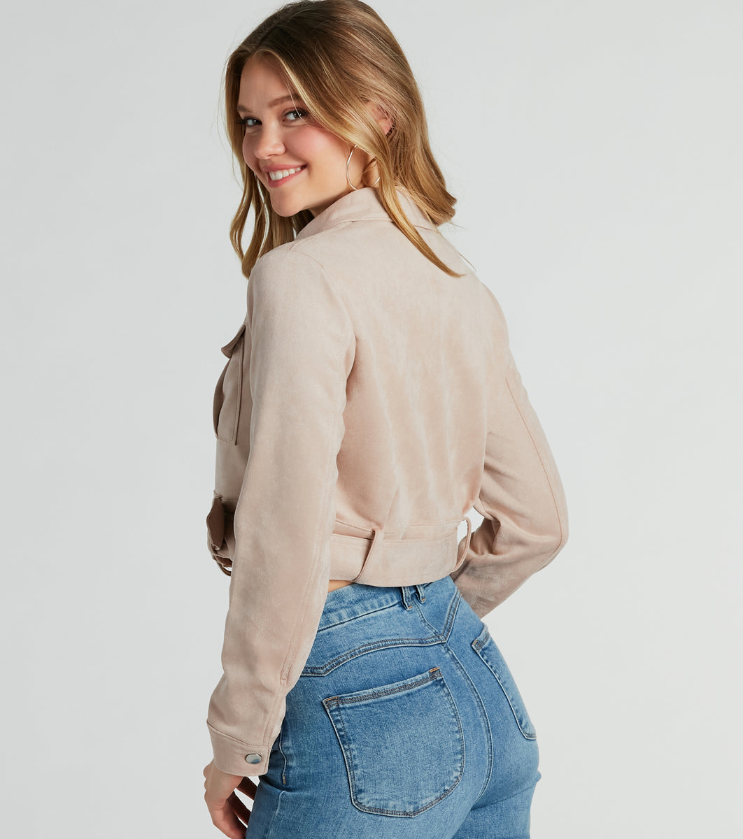 Layer On Iconic Belted Crop Faux Suede Moto Jacket | Windsor