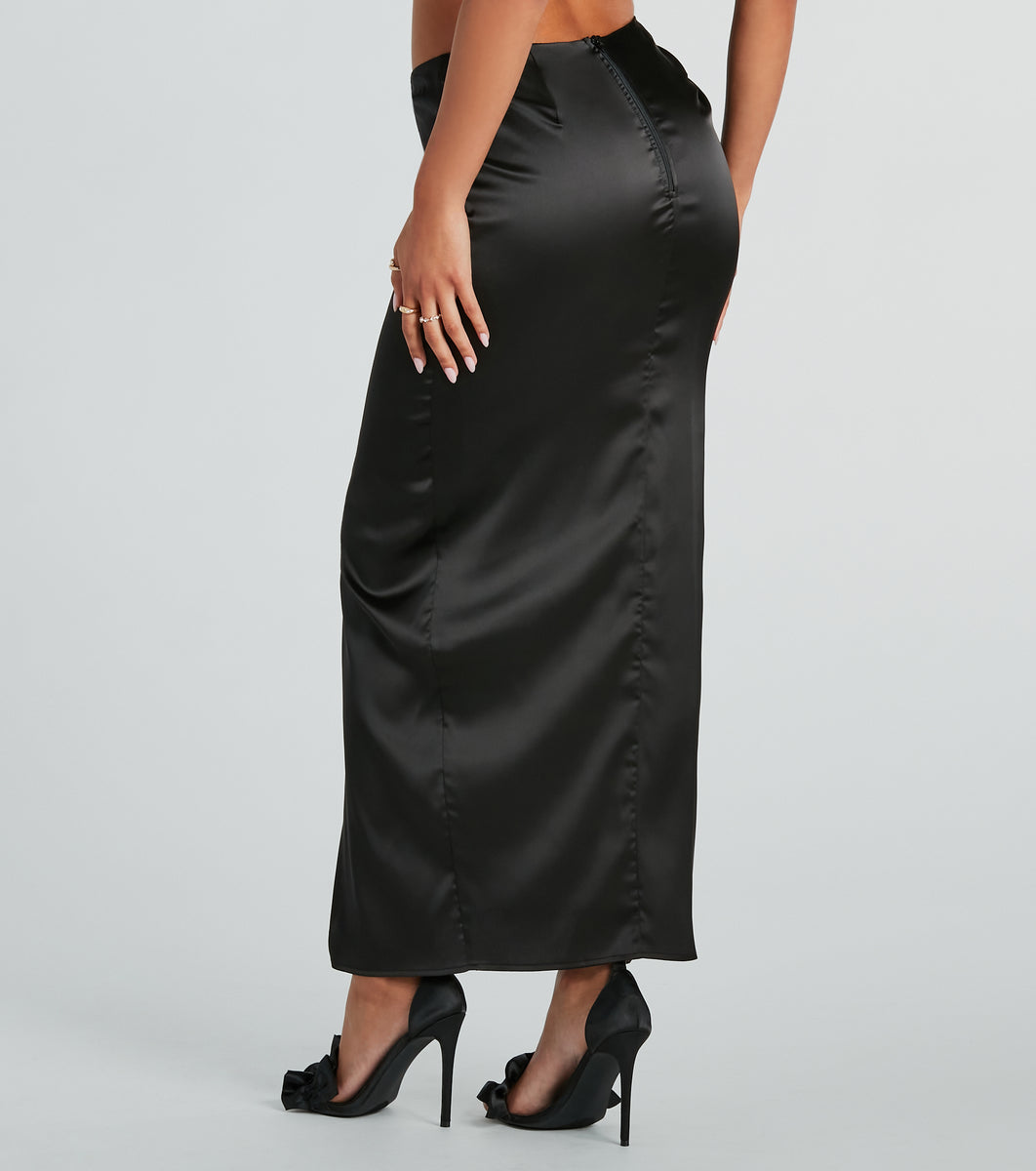 Gorgeous Impression High Slit Satin Midi Skirt | Windsor