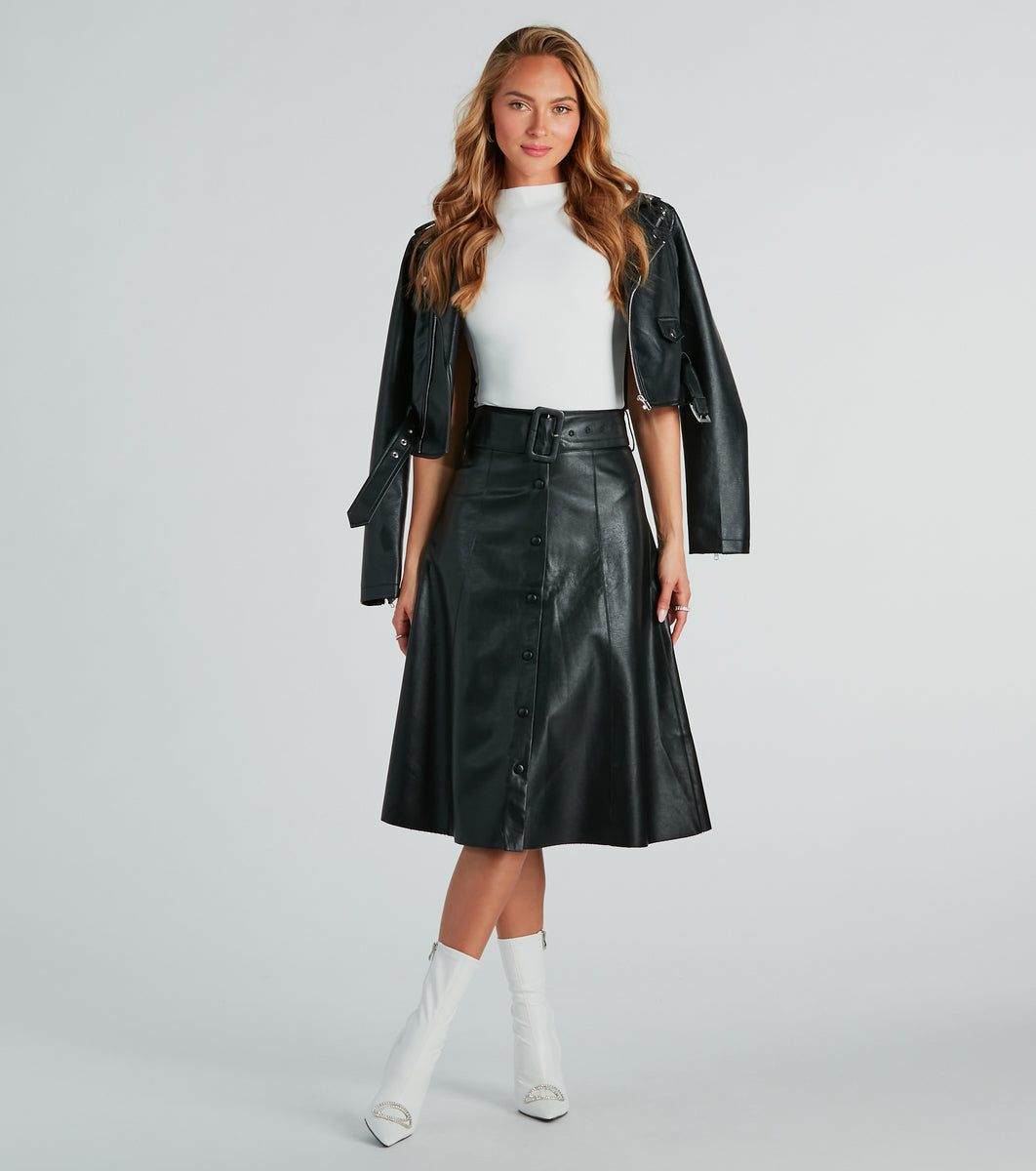 A-Line Faux Leather Midi Skirt Greys
