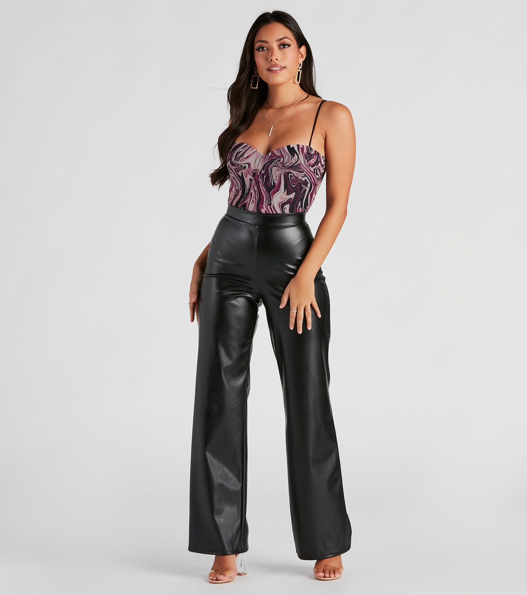 Softlyzero™ Faux Leather High Waisted Decorative Button Multiple Pockets  Metallic Foil Print Stretchy Party Straight Leg Pants