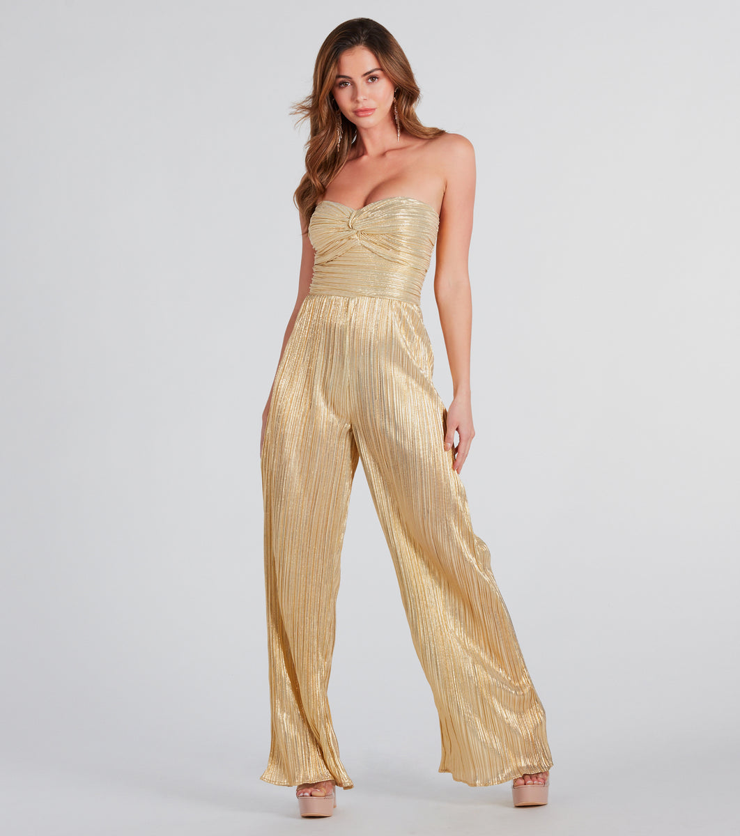 All The Attention Metallic Strapless Jumpsuit