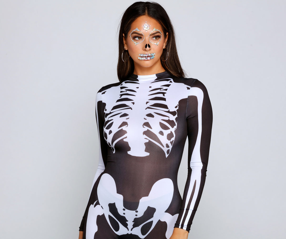 Adult Skeleton Romance Catsuit - Black & Bone