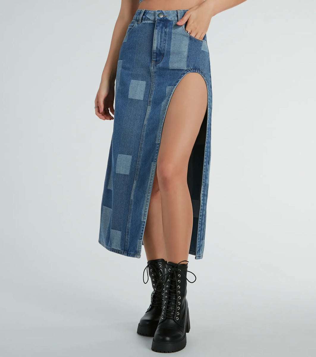 Retro Fab High Slit Patchwork Denim Maxi Skirt