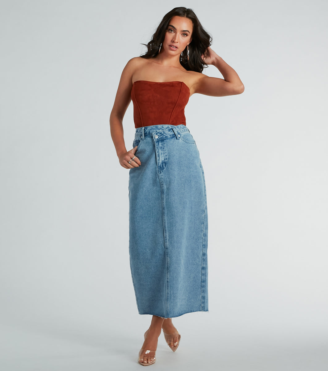 Girl Next Door Asymmetrical Waist Denim Midi Skirt | Windsor