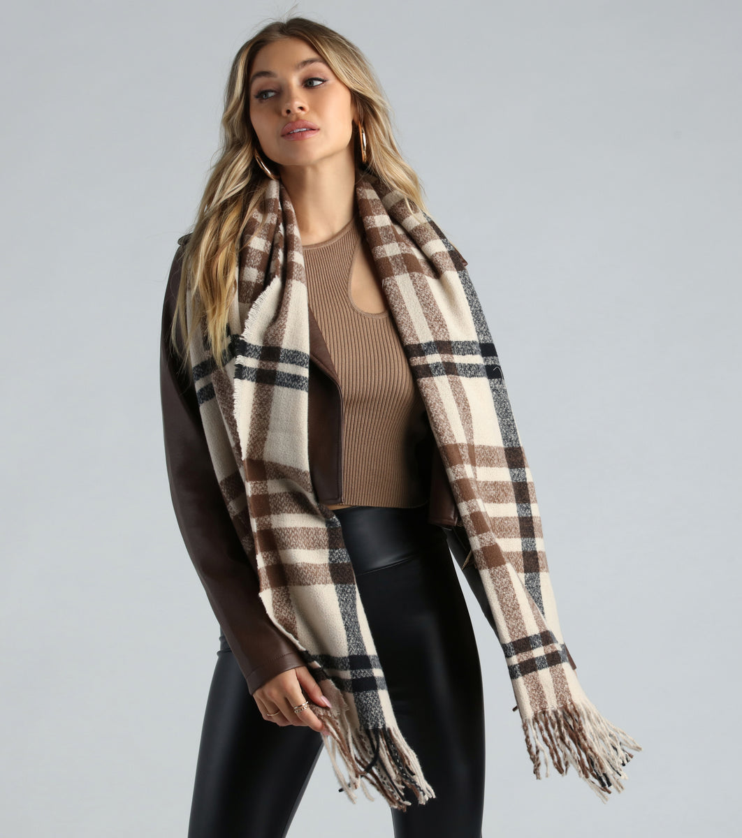 Plaid Blanket Scarf with Fringe Trim - Olsen Fashion Canada