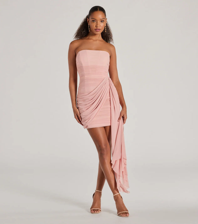 First date ruched mesh bodycon knee length dress in blush best sale