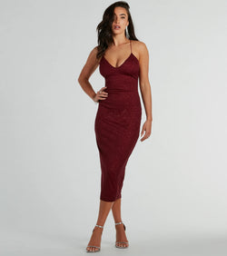 The Lynn Strappy Back Glitter Midi Formal Dress is a shimmery wine glitter dress that catches the light beautifully, perfect for any special outfit like Winter Formal attire, clubwear, or a wedding guest dress.