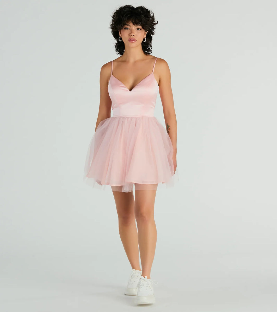 Edith V-Neck A-Line Satin Tulle Party Dress