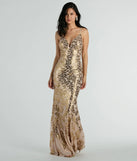 You'll be the best dressed in the Brie Formal Sequin Leaf Plunge Mermaid Dress as your summer formal dress with unique details from Windsor.