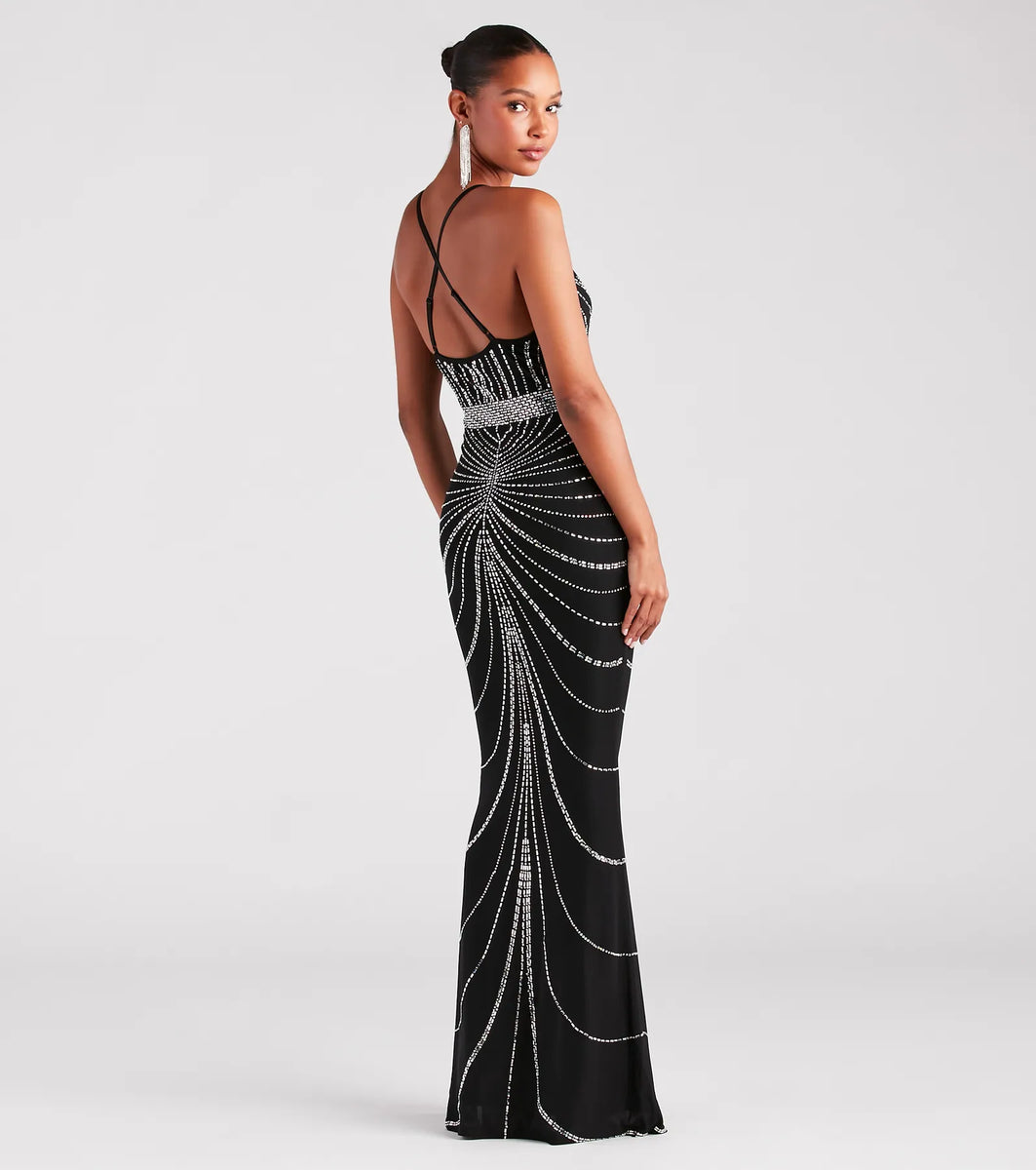 Maisyn Formal Rhinestone V-Neck Long Dress