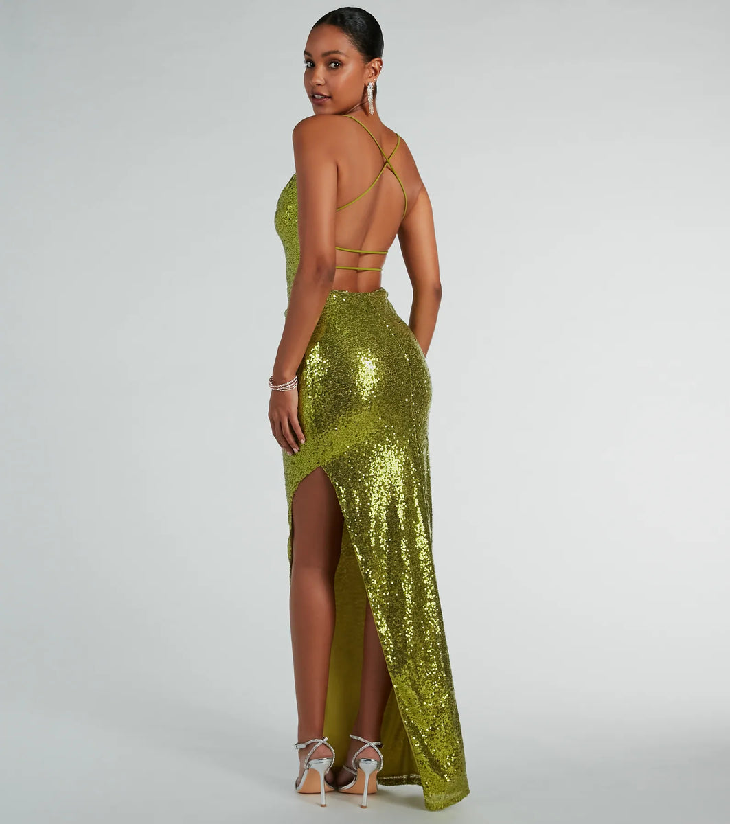 Jennifer Strappy Back High Slit Sequin Formal Dress