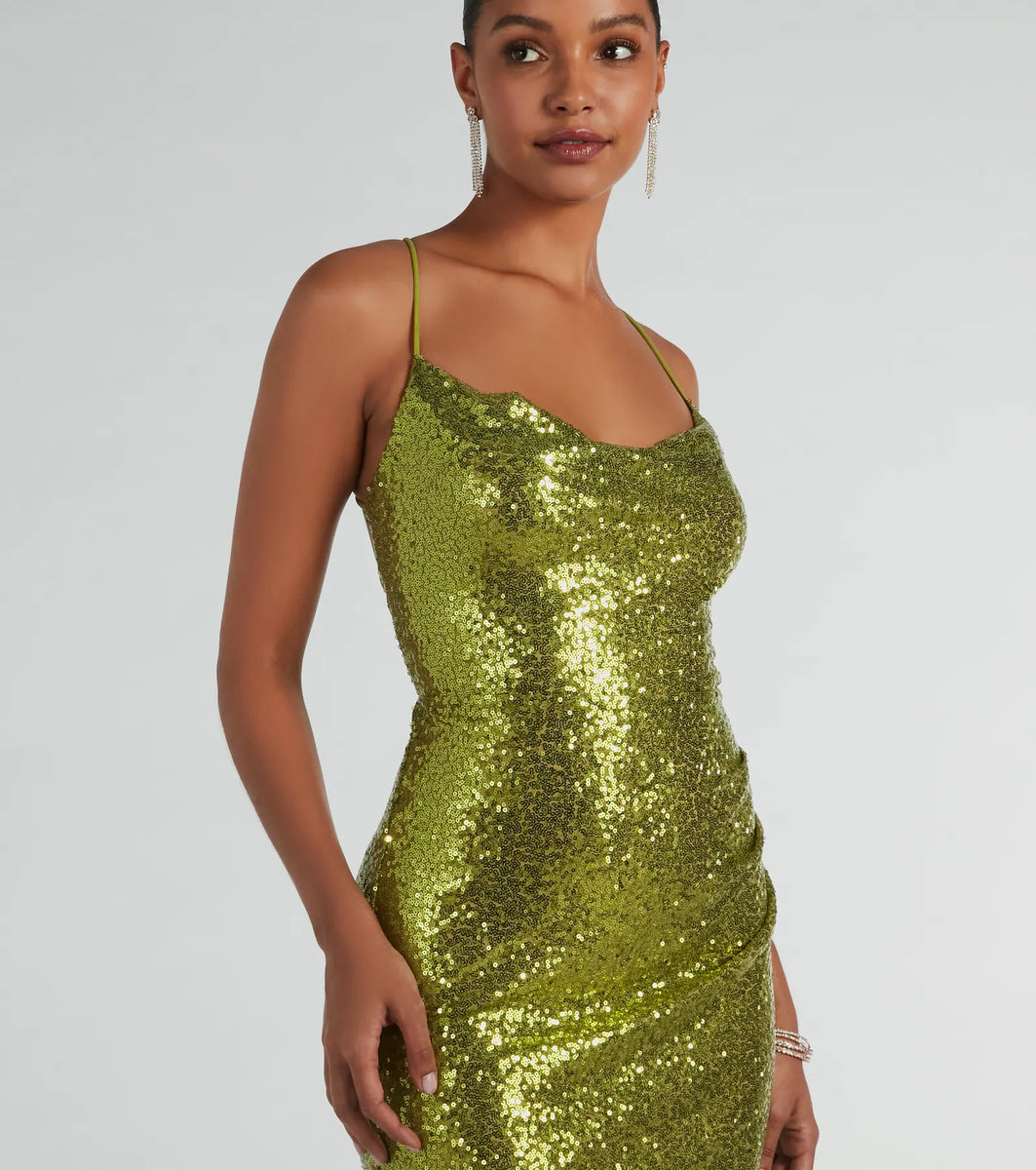 Jennifer Strappy Back High Slit Sequin Formal Dress