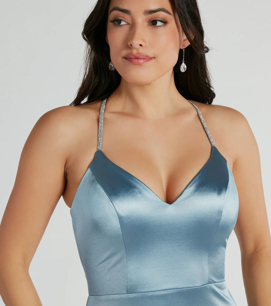 Kaley Rhinestone Strappy Mermaid Satin Dress