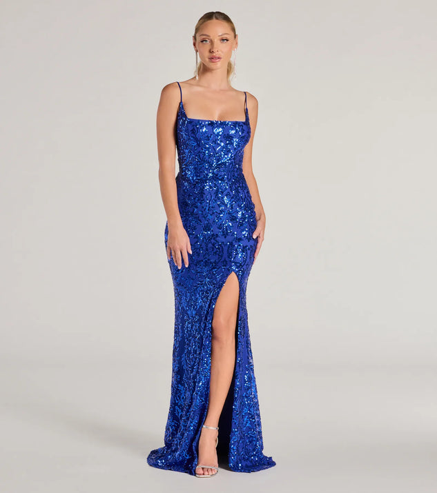 You'll be the best dressed in the Kailani Formal Sequin Slit Mermaid Dress as your fall formal dress with beautiful and unique details from Windsor.