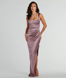 You'll be the best dressed in the Kirsten Satin Cowl Neck High Slit Formal Dress as your summer formal dress with unique details from Windsor.