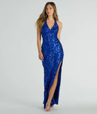 You'll be the best dressed in the Analia Halter Slit Mermaid Sequin Formal Dress as your fall formal dress with beautiful and unique details from Windsor.