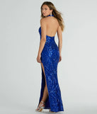 You'll be the best dressed in the Analia Halter Slit Mermaid Sequin Formal Dress as your fall formal dress with beautiful and unique details from Windsor.