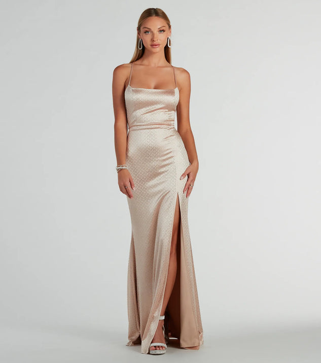 You'll be the best dressed in the Whittney Lace-Up Rhinestone Satin Formal Dress as your fall formal dress with beautiful and unique details from Windsor.