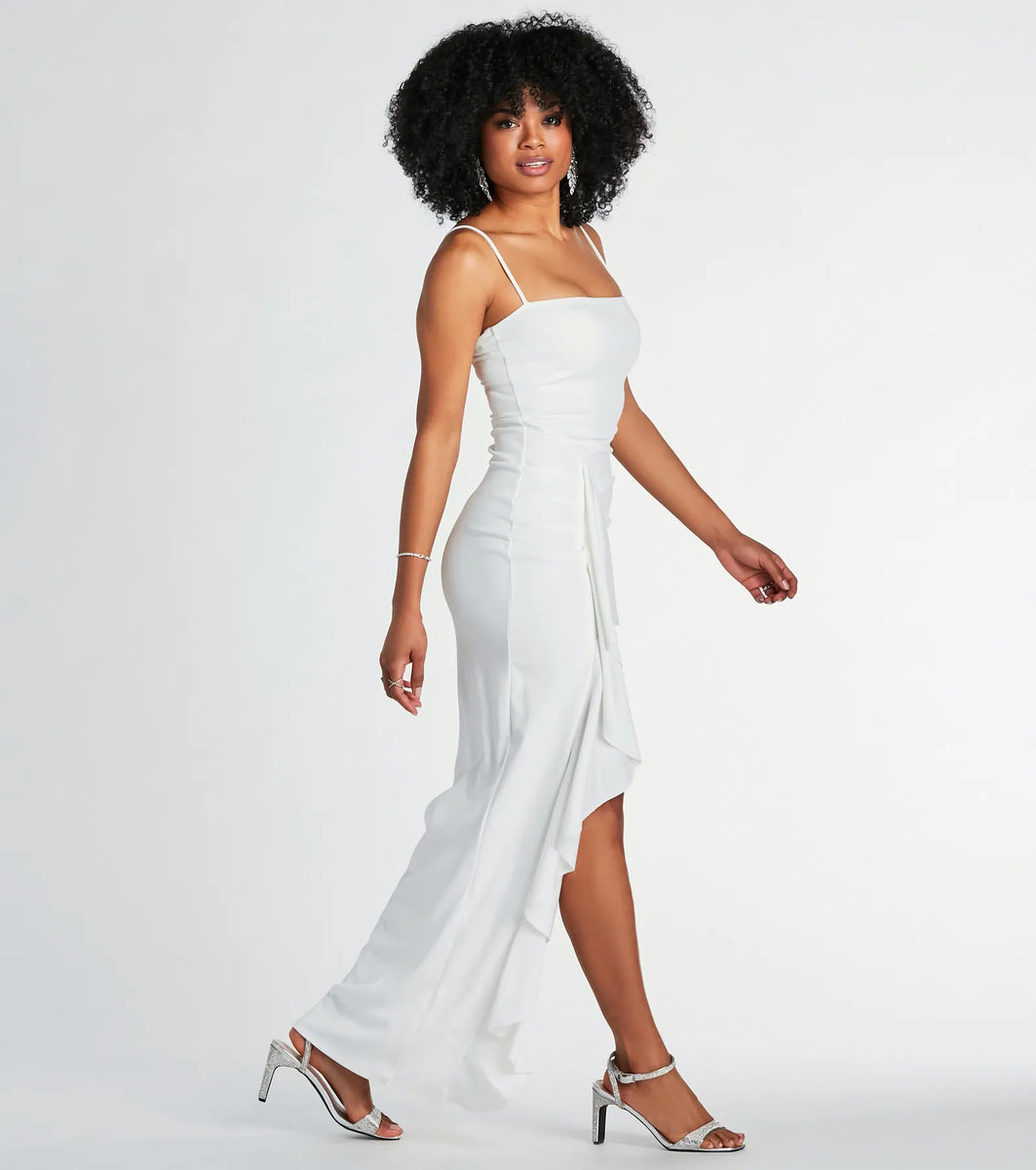 Maggie Ruffled High Slit Crepe Formal Dress