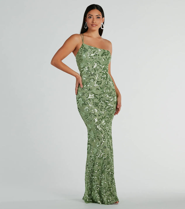 Turn heads in the beaming Meredith One-Shoulder Sequin Formal Dress, a stunning sage sequin dress designed to add sparkle and elegance to your next night out or special occasion.