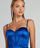 The Jaiden Bustier Rhinestone Satin Formal Dress as your wedding guest dress with a stylish neckline and/or sleeves and elevated details on the back and front will make you the best dressed at any event!